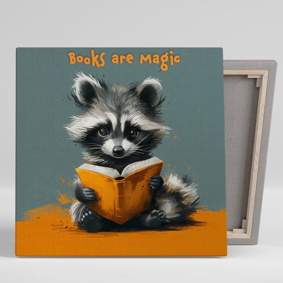 Magical Reading Raccoon Art Or Poster Whimsical Contemporary Decor Childrens Room Nursery Library Office Wall Art Raccoon Decor