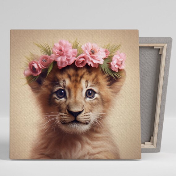 Adorable Lion Cub with Pink Floral Crown Nursery Portrait Wall Poster