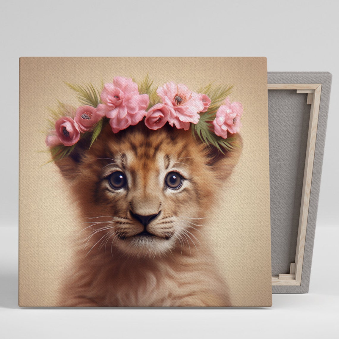 Adorable Lion Cub with Pink Floral Crown Nursery Portrait Wall Poster
