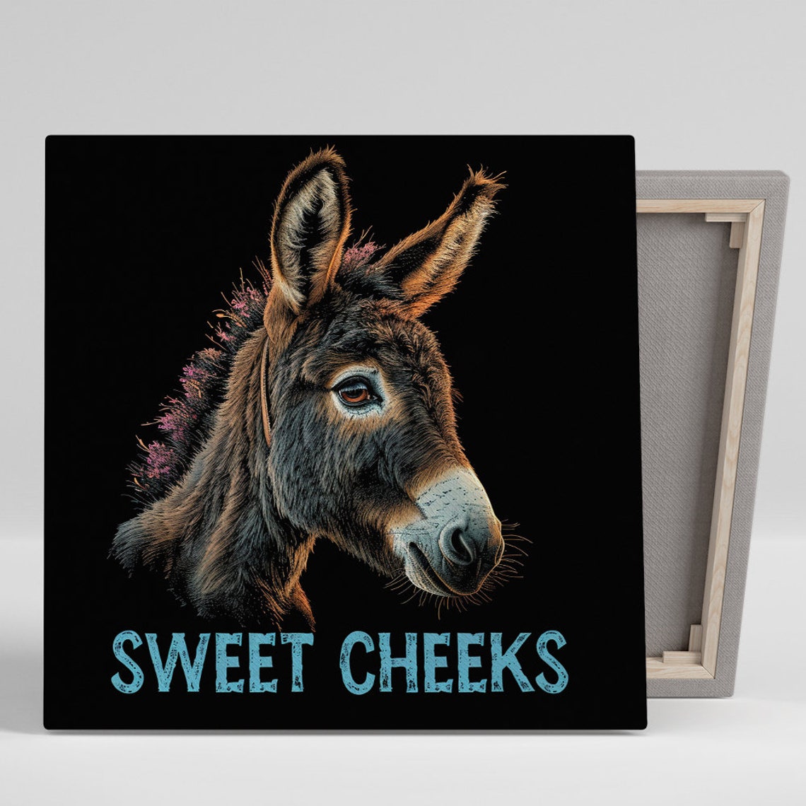 Sweet Cheeks Donkey Portrait on Black Background Rustic Quote Wall Art
