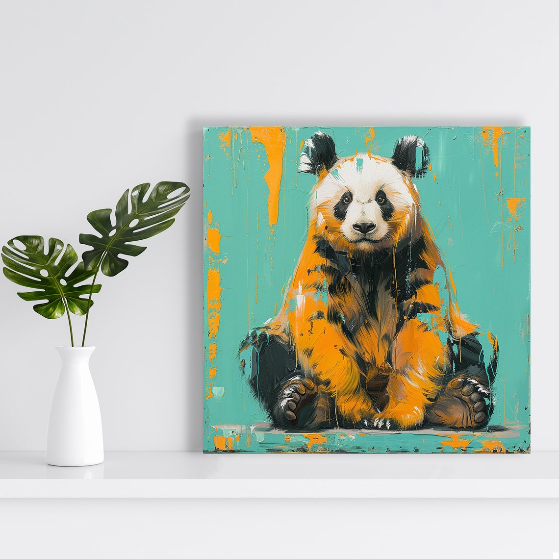 Abstract Panda Splash Orange Teal Paint Modern Urban Wildlife Poster - Image 2