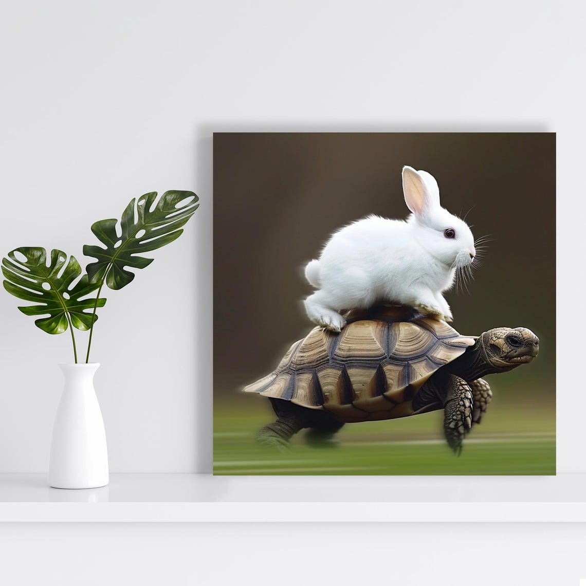 White Bunny Riding Tortoise Whimsical Fable Animal Friends Poster - Image 2