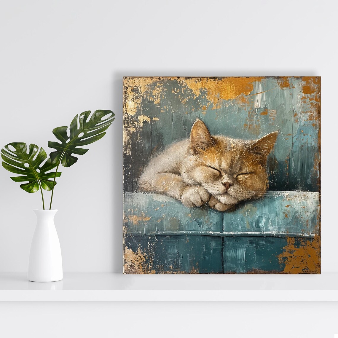 Sleepy Kitten Napping Vintage Couch Rustic Painterly Cat Wall Art Poster - Image 2