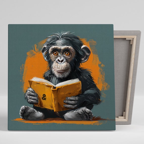 Chimpanzee Wall Art Or Poster Whimsical Animal Decor Office Library Living Room Wall Art Black Orange White Gray Contemporary