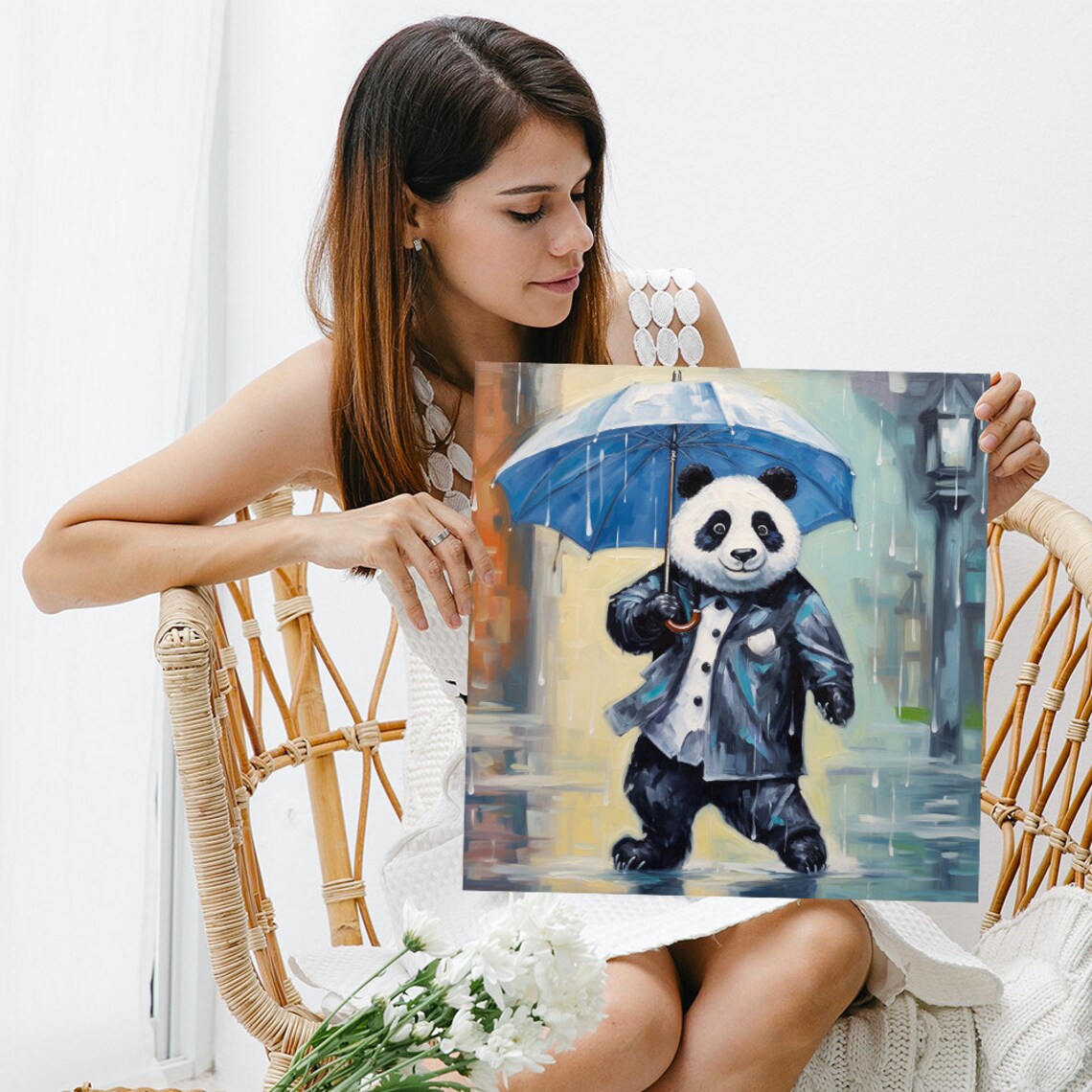 Dapper Panda Blue Umbrella Raincoat Rainy Street Stroll Wall Art Poster - Image 3