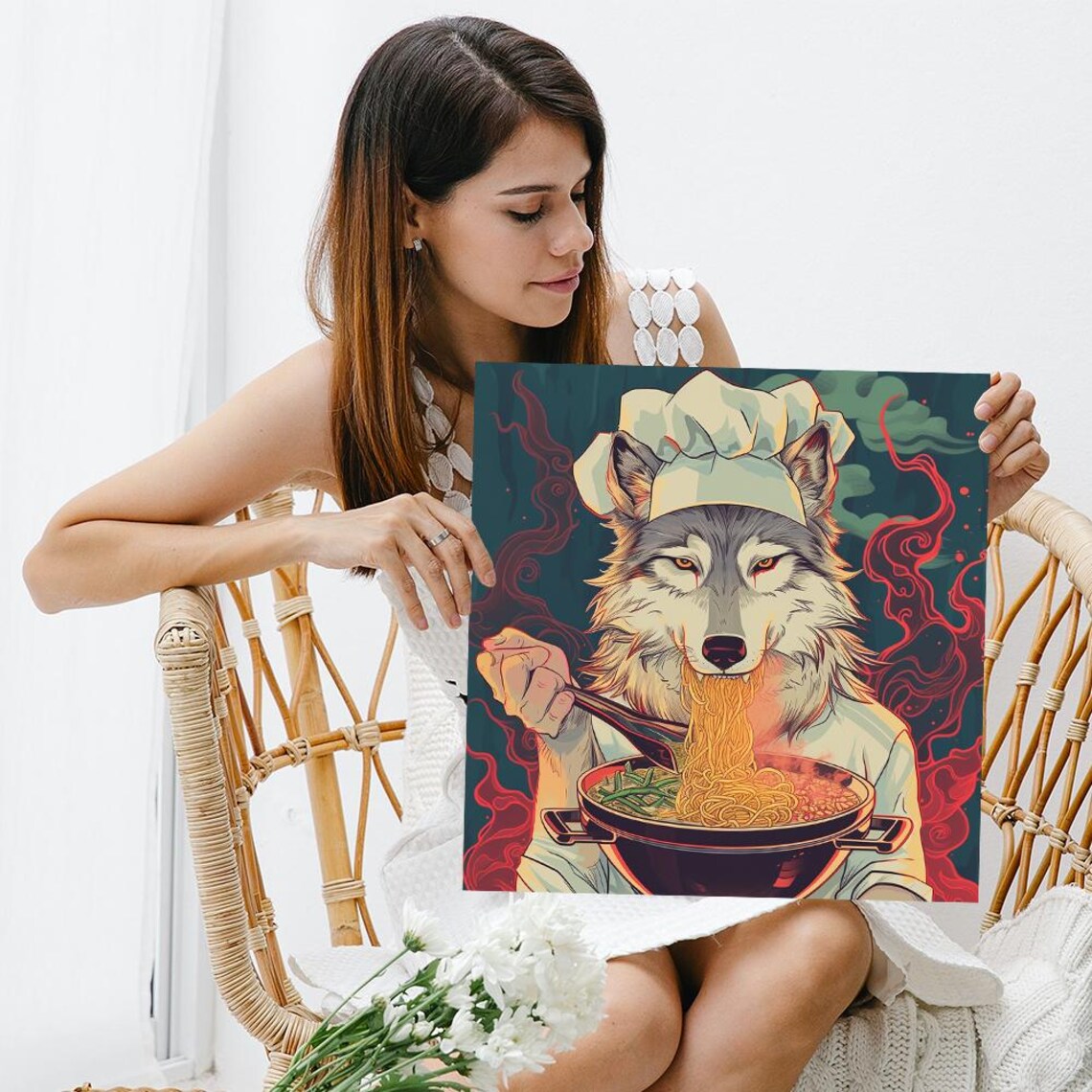 Wolf Chef Eating Ramen Noodle Bowl Whimsical Surreal Funny Kitchen Poster - Image 3