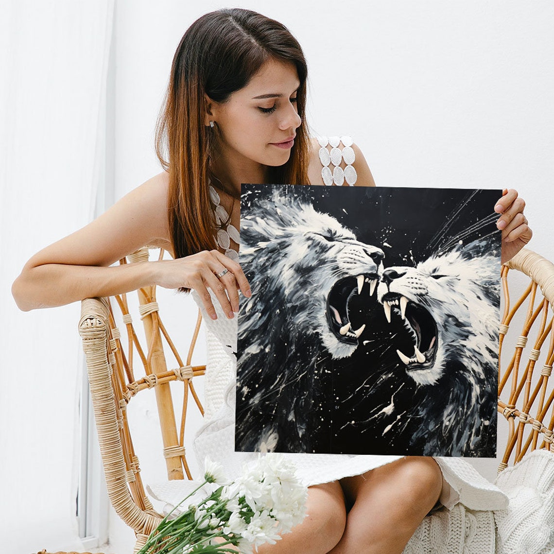 Two White Lions Roaring Face To Face Monochrome Wildlife Poster - Image 3