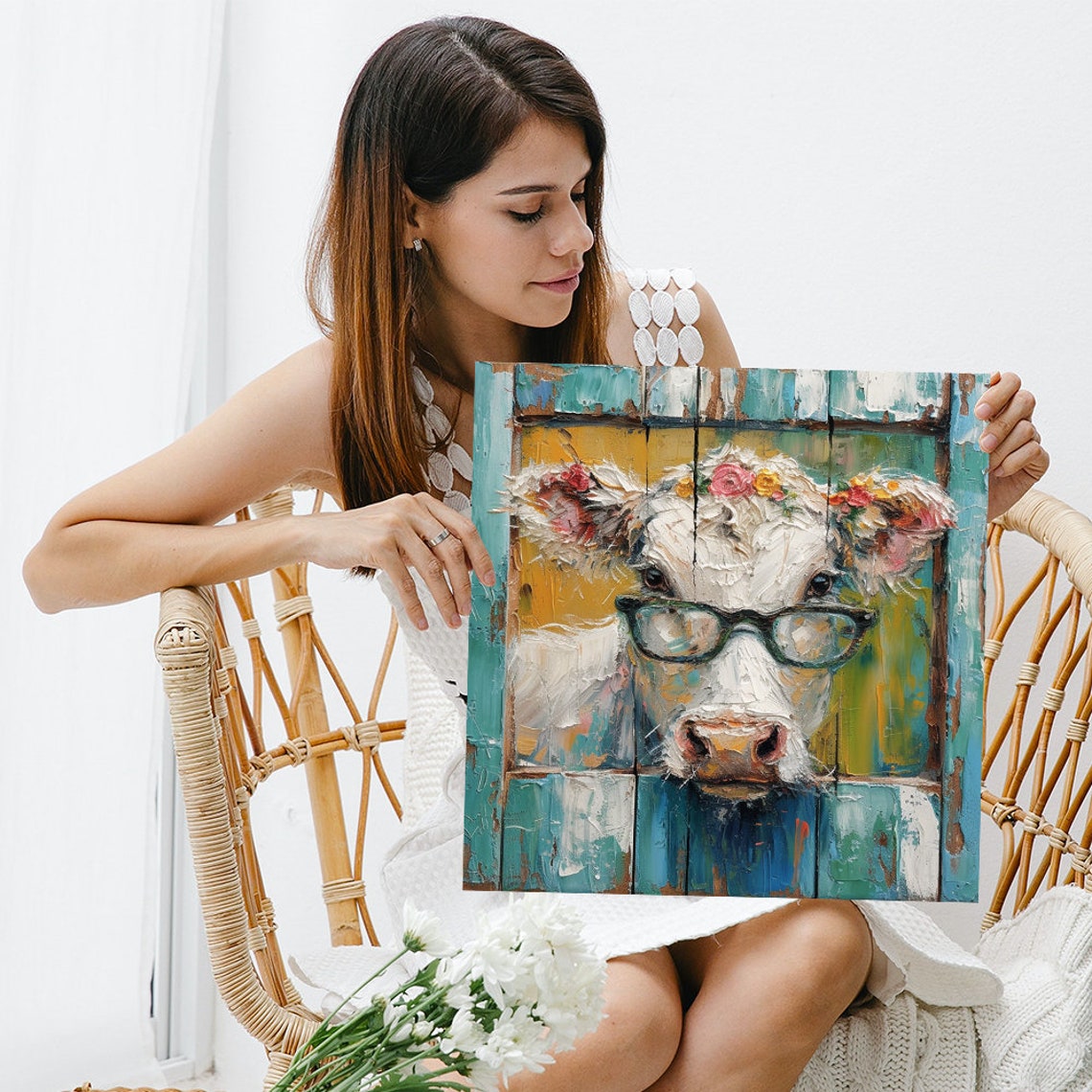 Cow With Glasses Flower Crown Impasto Oil Rustic Farm Wall Poster - Image 3