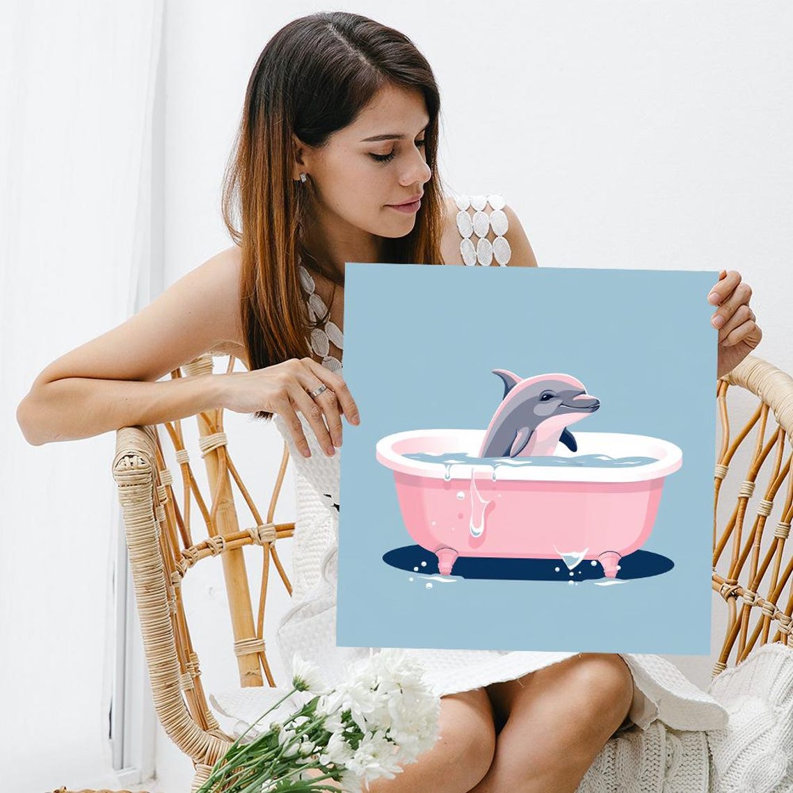 Playful Dolphin Bath Time In Pink Tub Pastel Whimsical Poster - Image 3