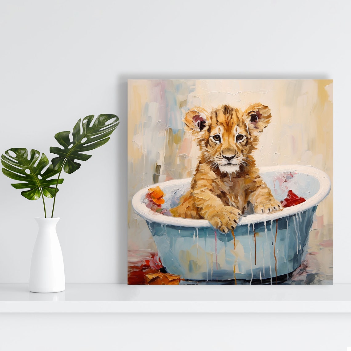 Cute Lion Cub In Blue Bathtub Painterly Baby Animal Nursery Poster - Image 3