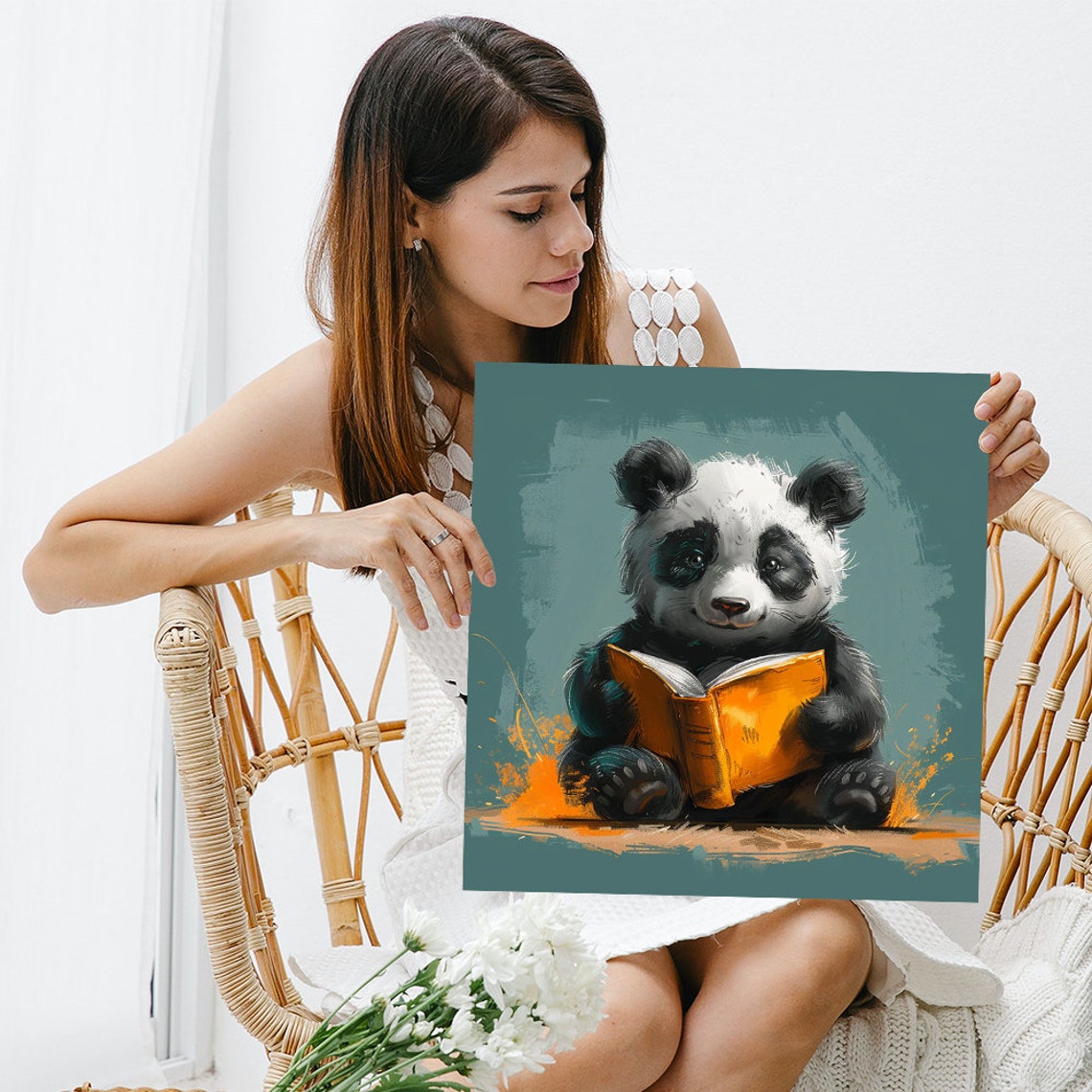 Adorable Baby Panda Reading Orange Book Teal Nursery Art Poster - Image 3