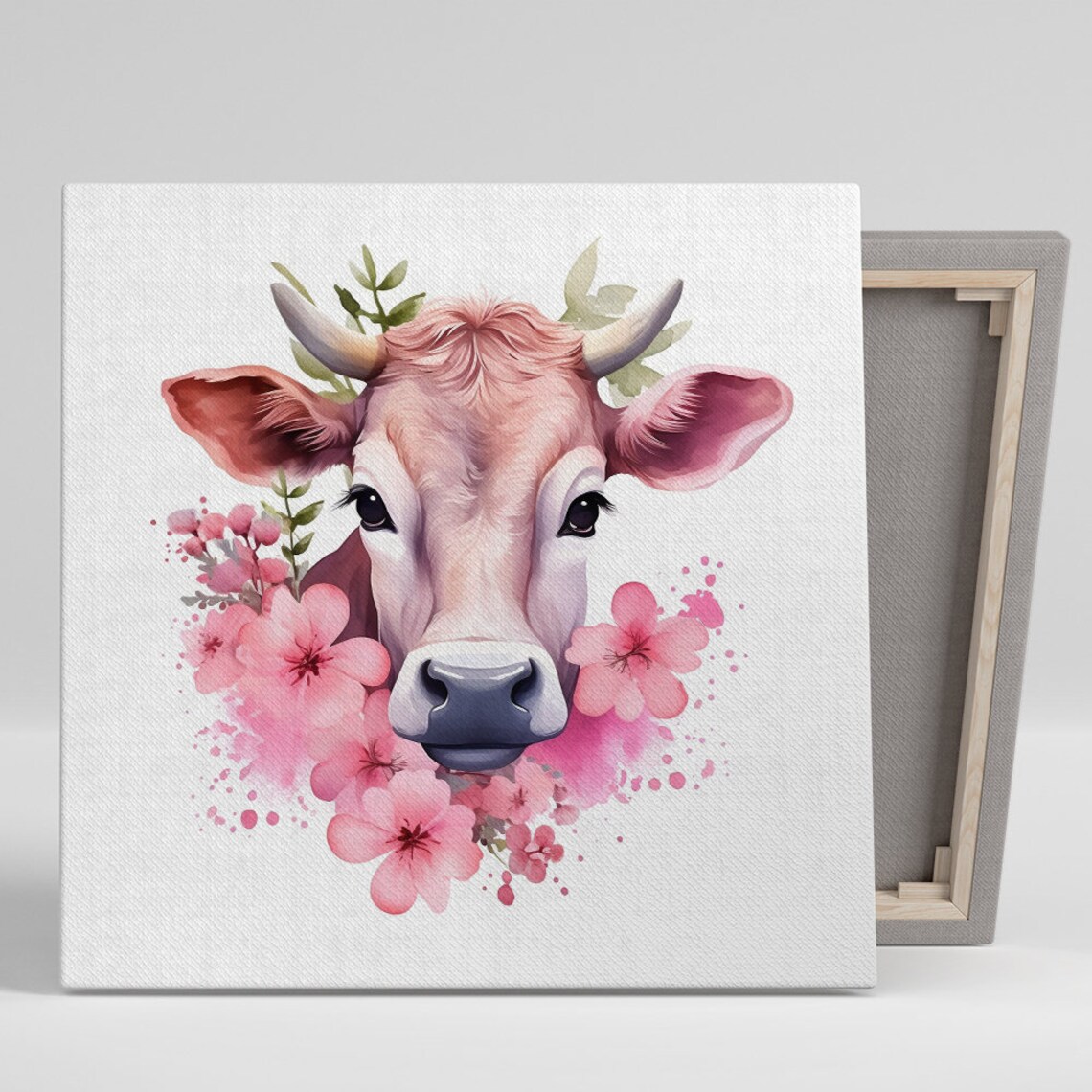 Pink Cow Portrait Blooming Flowers Watercolor Farmhouse Wall Art