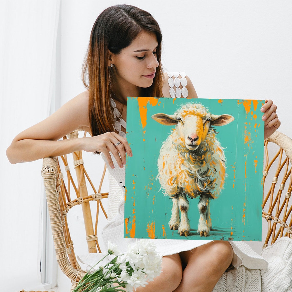 Fluffy Sheep Teal Background Orange Paint Drip Farm Wall Art - Image 3