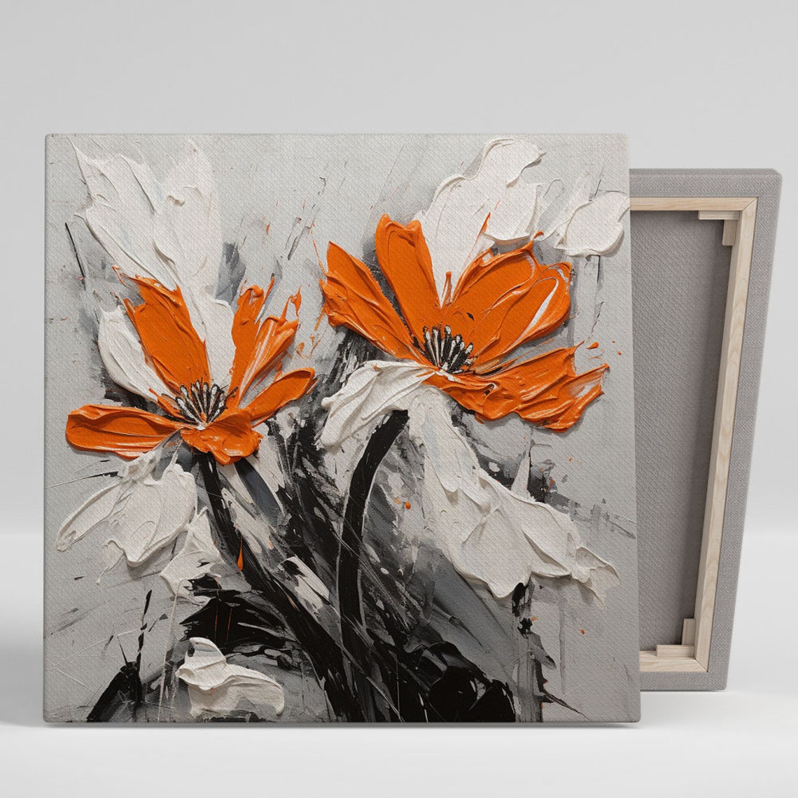 Orange White Poppy Flowers Impasto Abstract Modern Art Wall Poster