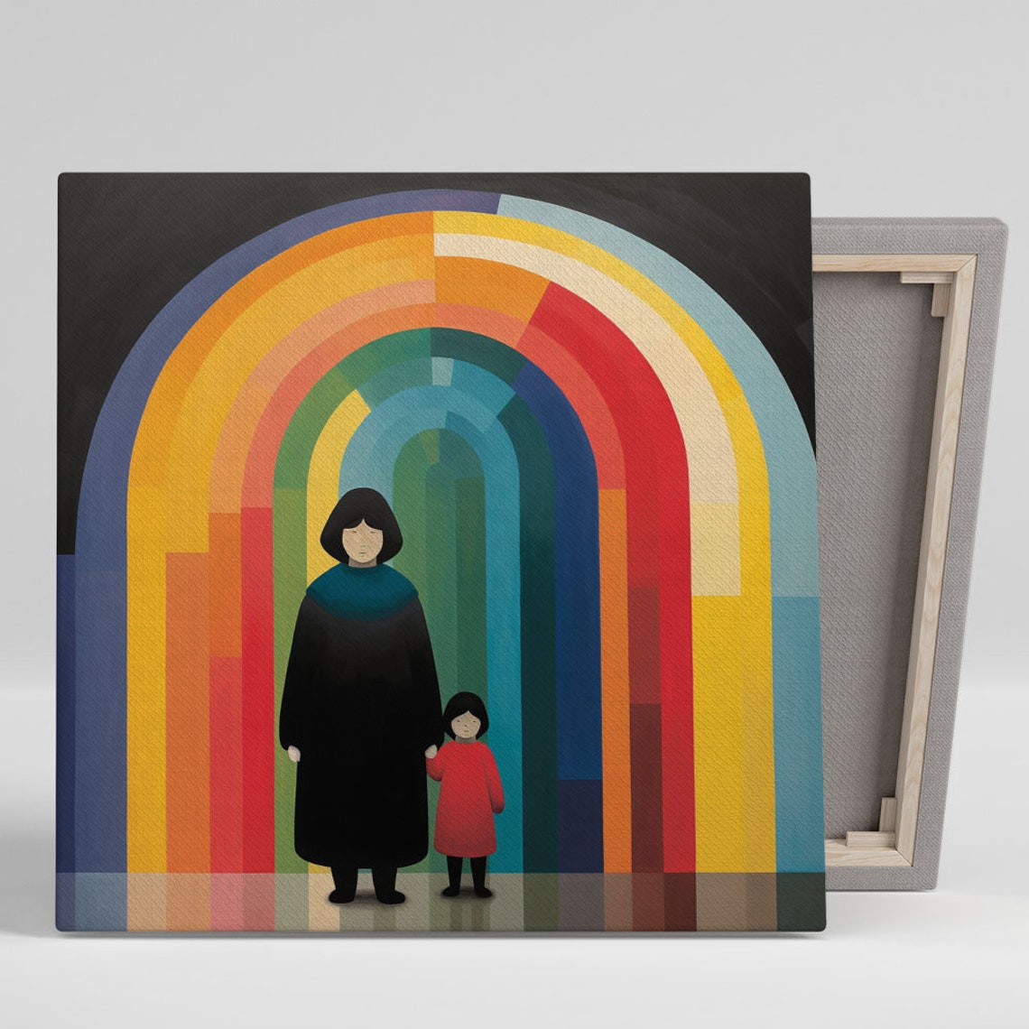 Naive Folk Art Mother And Child Under Rainbow Arch Color Poster