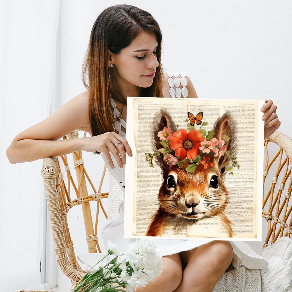 Squirrel Flower Crown Butterfly Vintage Book Page Nursery Poster - Image 3