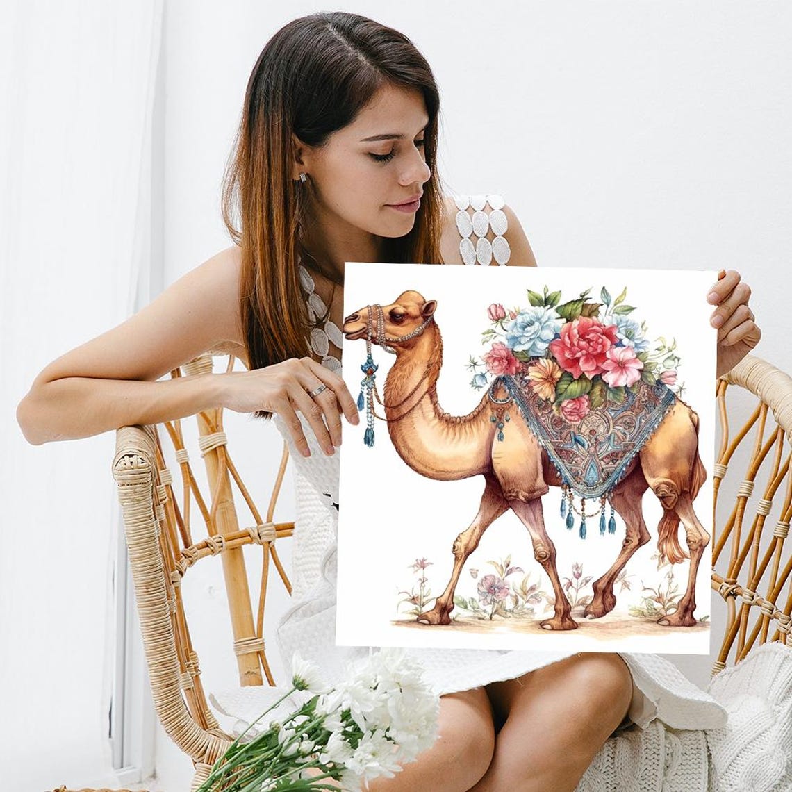 Bohemian Camel With Floral Blanket Desert Caravan Watercolor Poster - Image 3