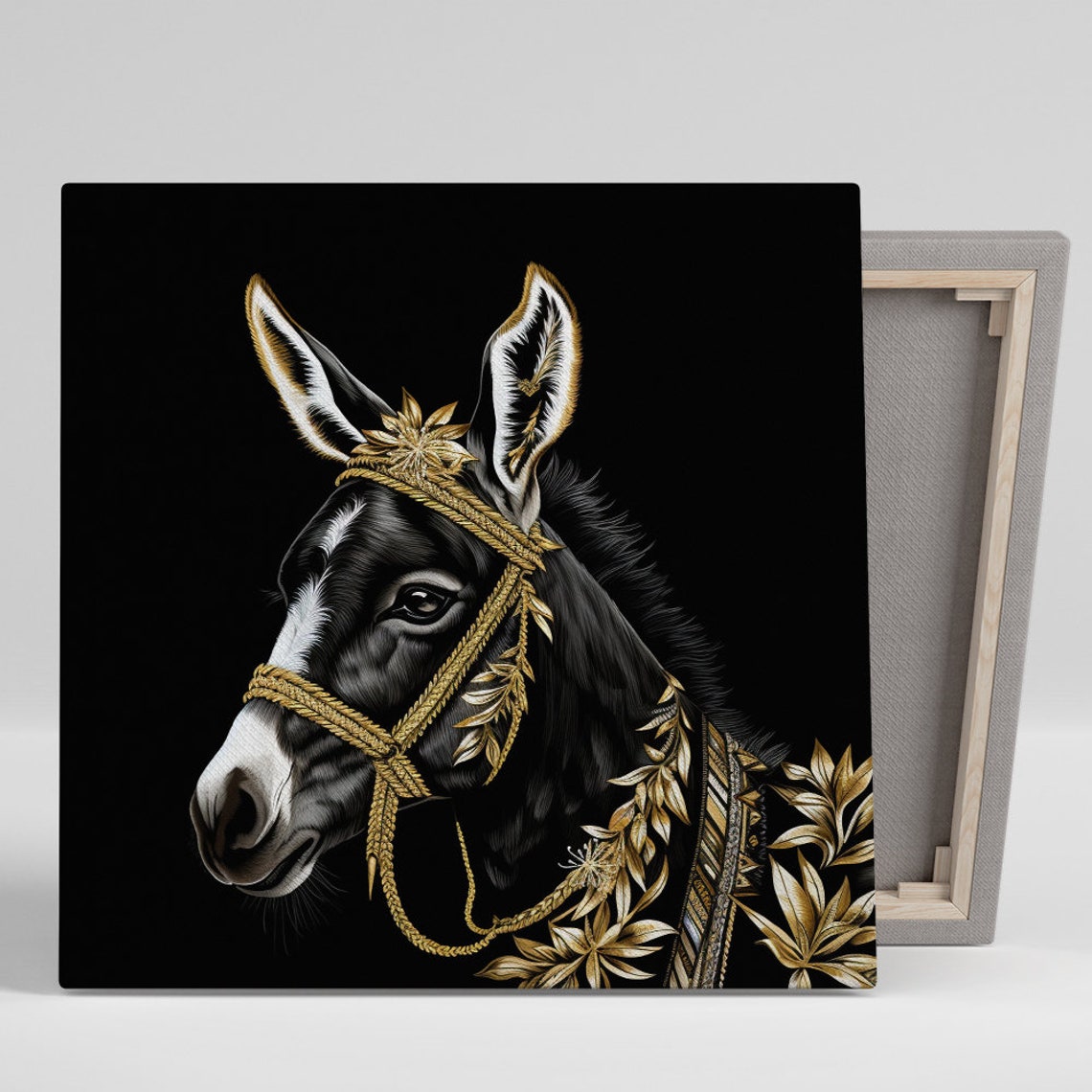 Regal Black Donkey With Golden Floral Bridle Portrait Wall Art