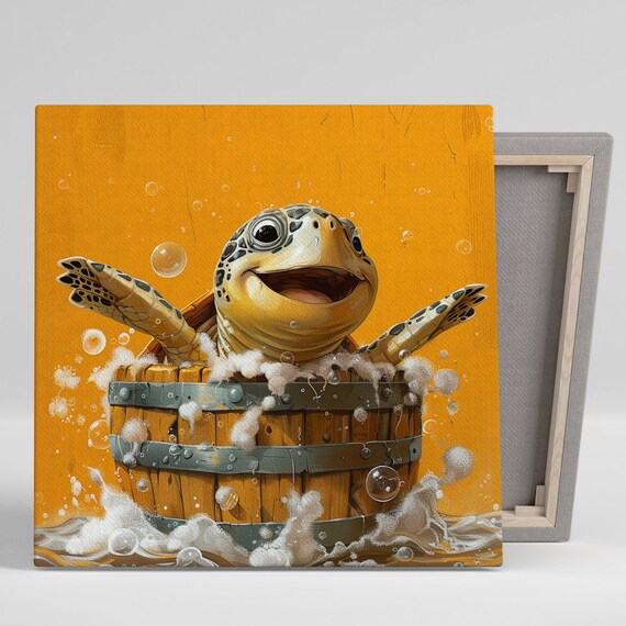Bubble Bath Turtle Delight Art Or Poster Whimsical Coastal Decor Bathroom Children Room Living Room Office Wall Art Orange Yellow