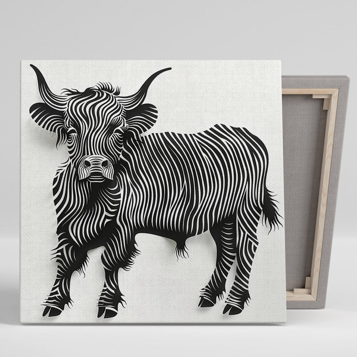 Highland Cow Black White Striped Line Art Minimalist Animal Poster