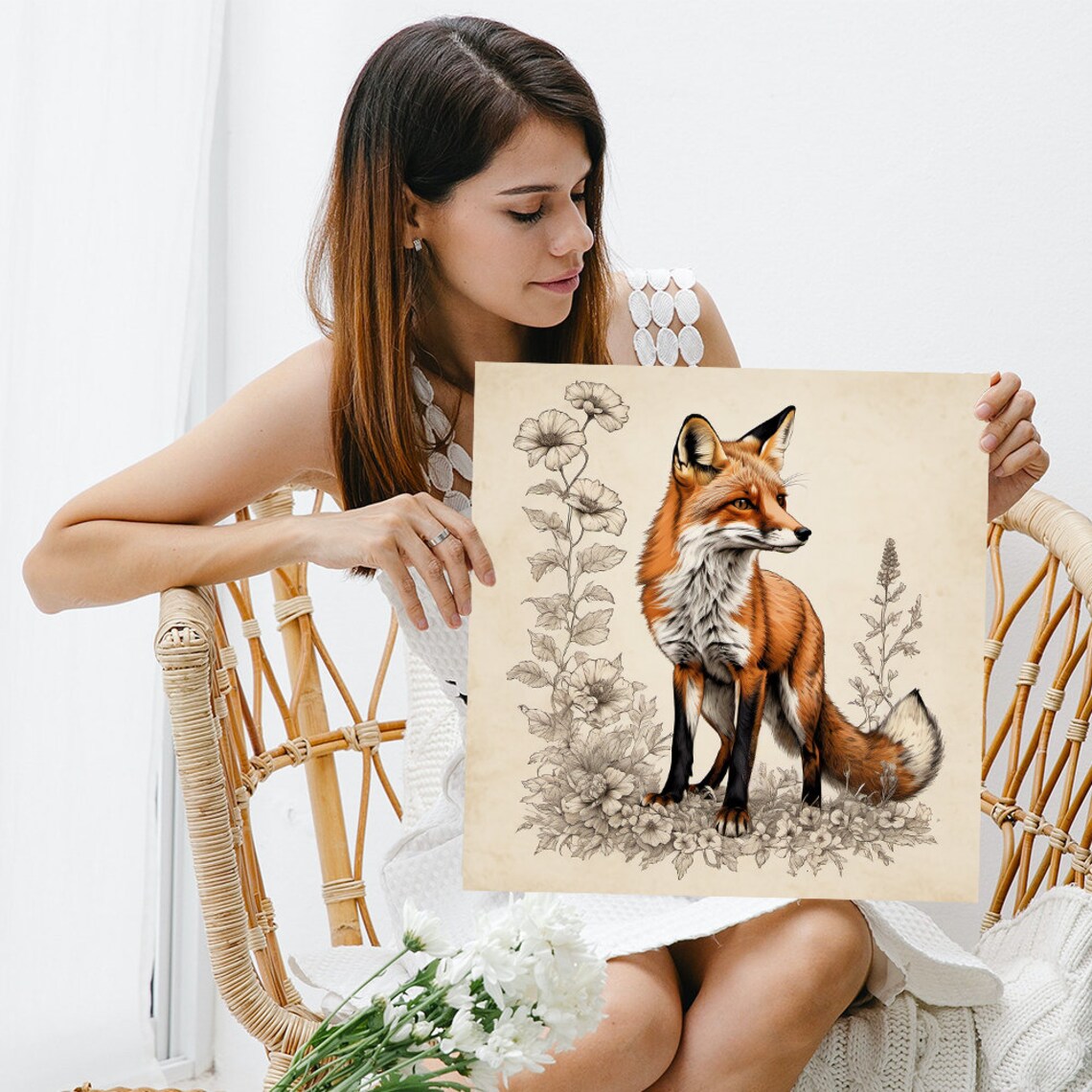 Red Fox Standing Among Wildflowers Vintage Botanical Illustration Poster - Image 3