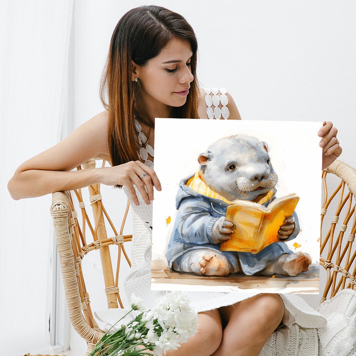 Studious Polar Bear Art Or Poster Whimsical Minimalist Decor Childrens Room Nursery Library Office Wall Art Yellow Blue Grey - Image 3