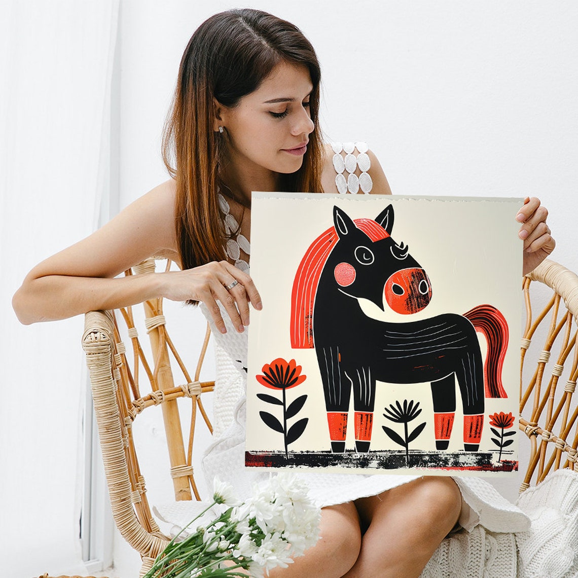 Retro Folk Horse Illustration Black Red Floral Nursery Wall Poster - Image 3