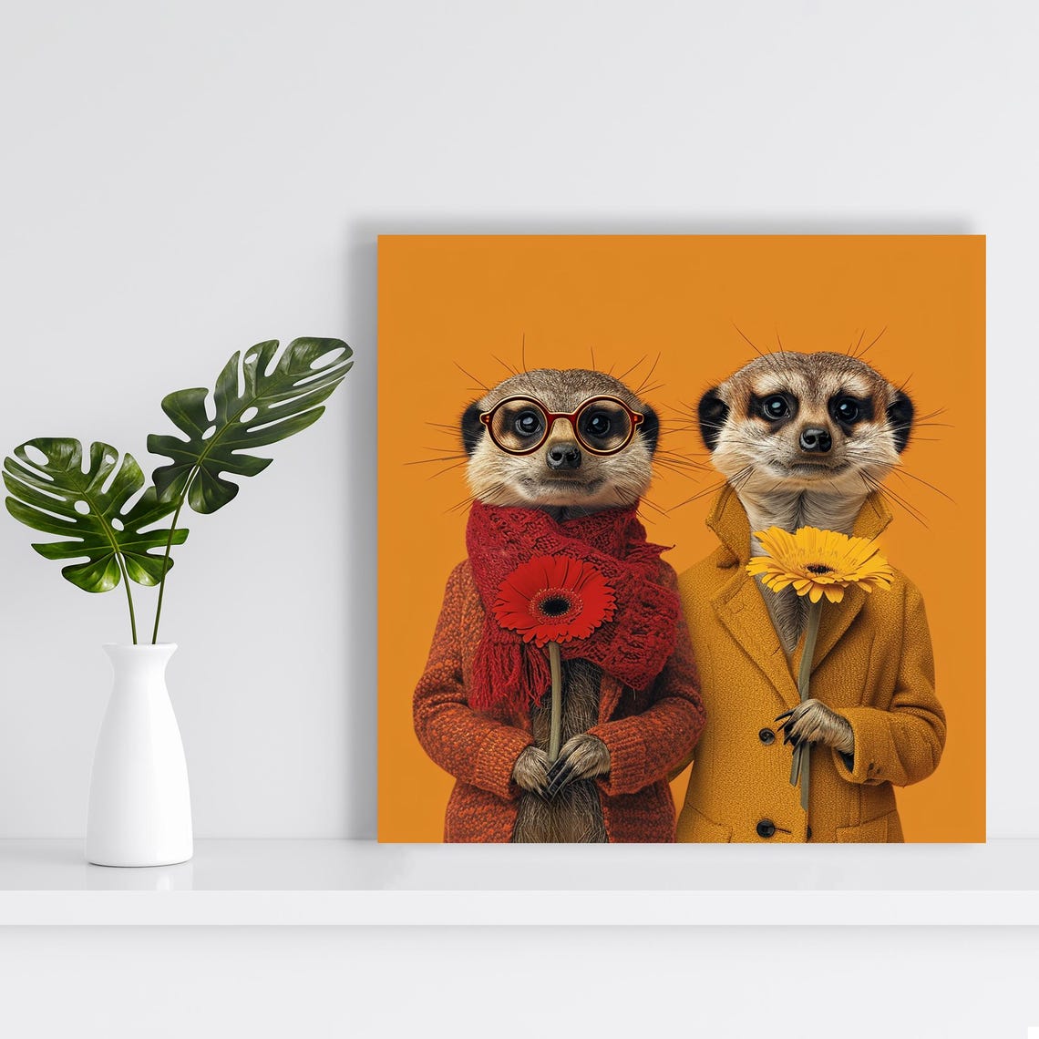 Dapper Meerkat Duo with Flowers Whimsical Dressed Animal Poster - Image 2