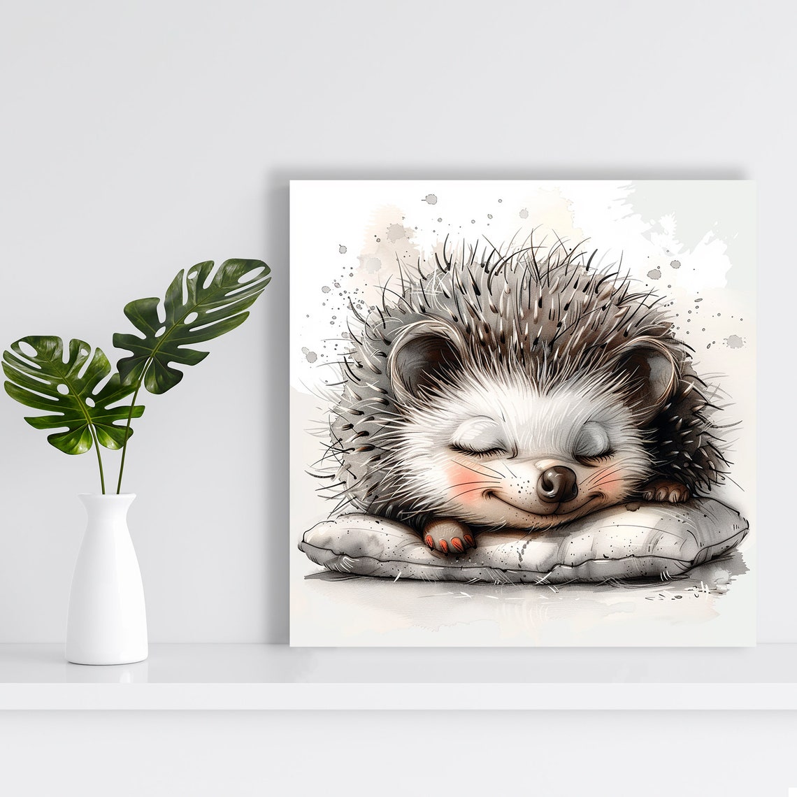 Sleepy Hedgehog Napping on Pillow Soft Watercolor Nursery Wall Art - Image 2
