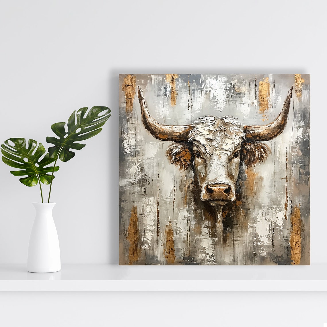Longhorn Cow Portrait Abstract Grey Gold Brushstroke Farmhouse Poster - Image 2