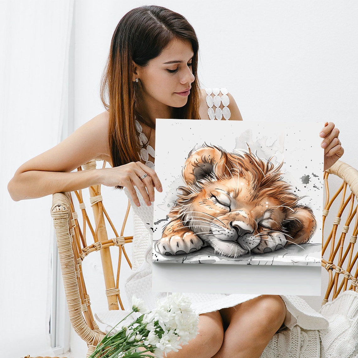 Sleeping Lion Cub Watercolor Soft Nursery Baby Animal Poster - Image 3