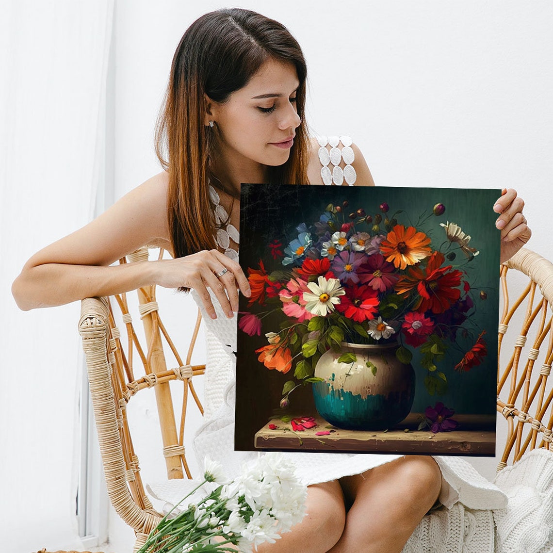 Red Cosmos Wildflower Bouquet Teal Dipped Ceramic Vase Floral Poster - Image 3