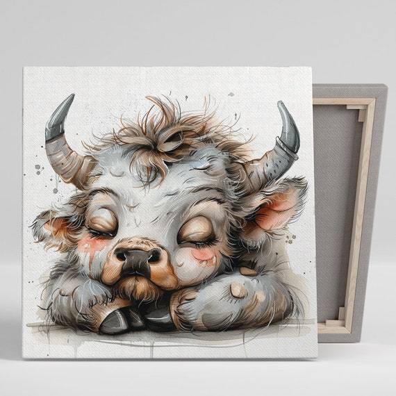 Highland Cow Art Or Poster Whimsical Rustic Decor Modern Living Room Bedroom Nursery Wall Art Sleepy Cuteness Grey Brown White