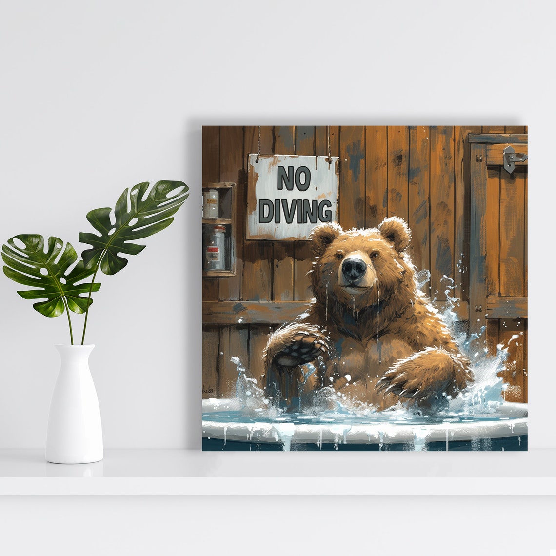 Bear Splashing Bath No Diving Sign Funny Rustic Animal Wall Poster - Image 2