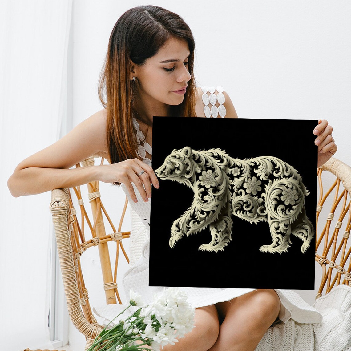Floral Bear Walking Silhouette Ivory On Black Botanical Elegant Wall Art - Image 3