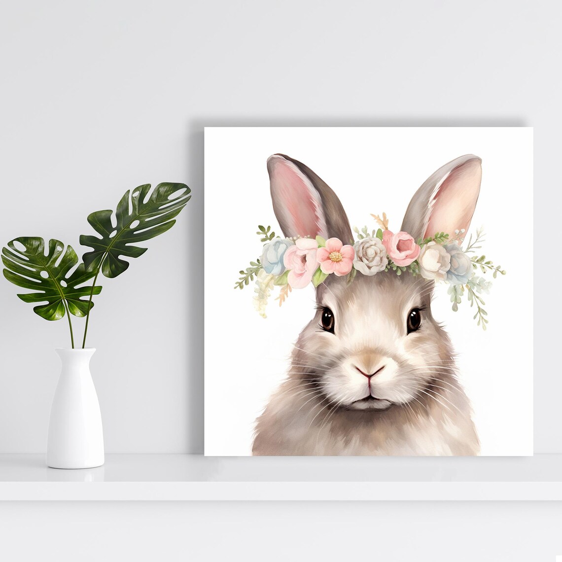 Floral Crown Bunny Whimsical Farmhouse Nursery Art Print - Image 2