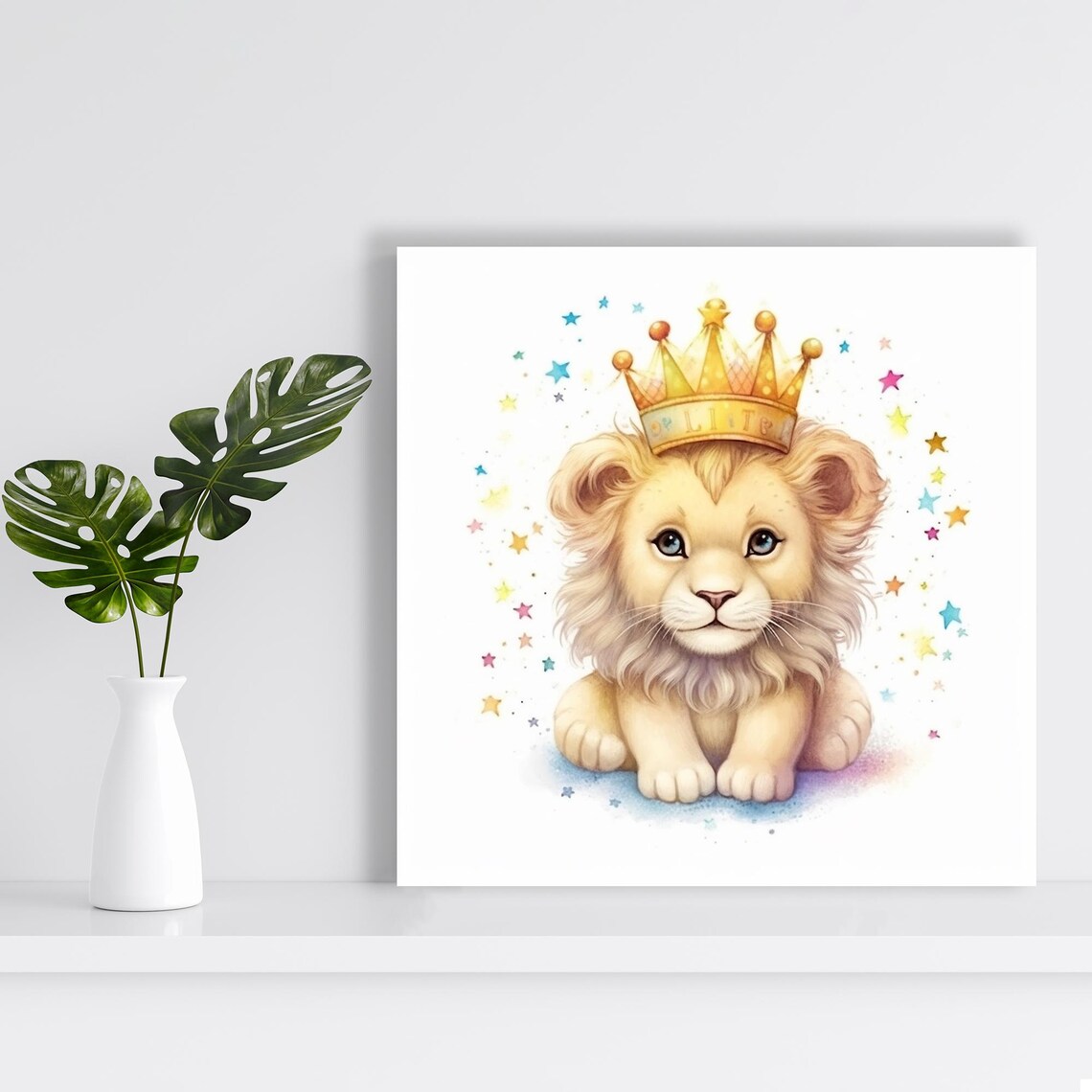 Cute Baby Lion With Golden Crown Watercolor Nursery Animal Wall Art Print - Image 2