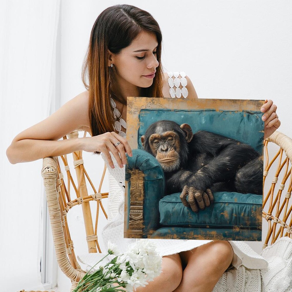 Chimpanzee Art Print, Whimsical Rustic Wall Decor - Image 3
