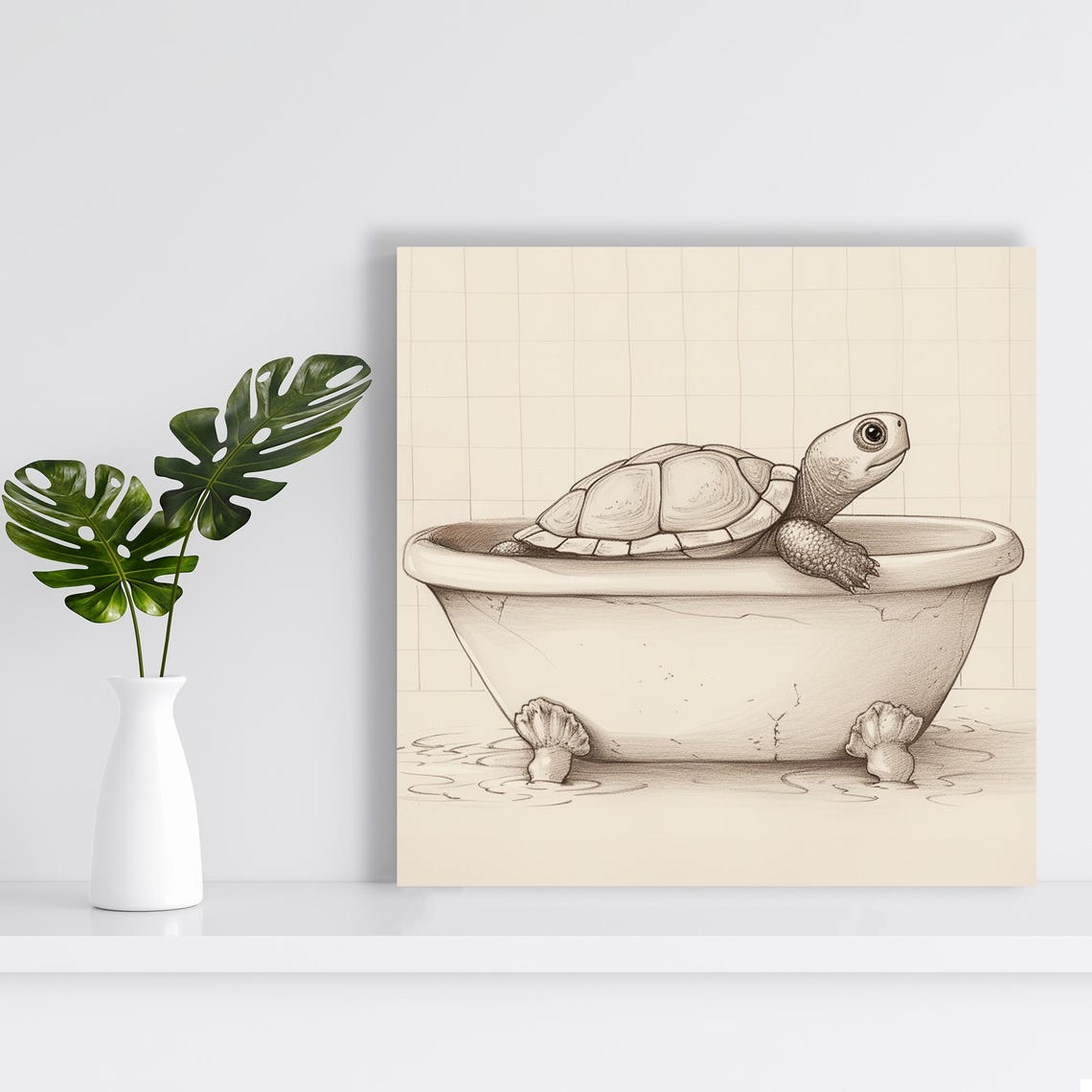 Turtle Relaxing In Clawfoot Bathtub Sepia Sketch Wall Art Print - Image 2