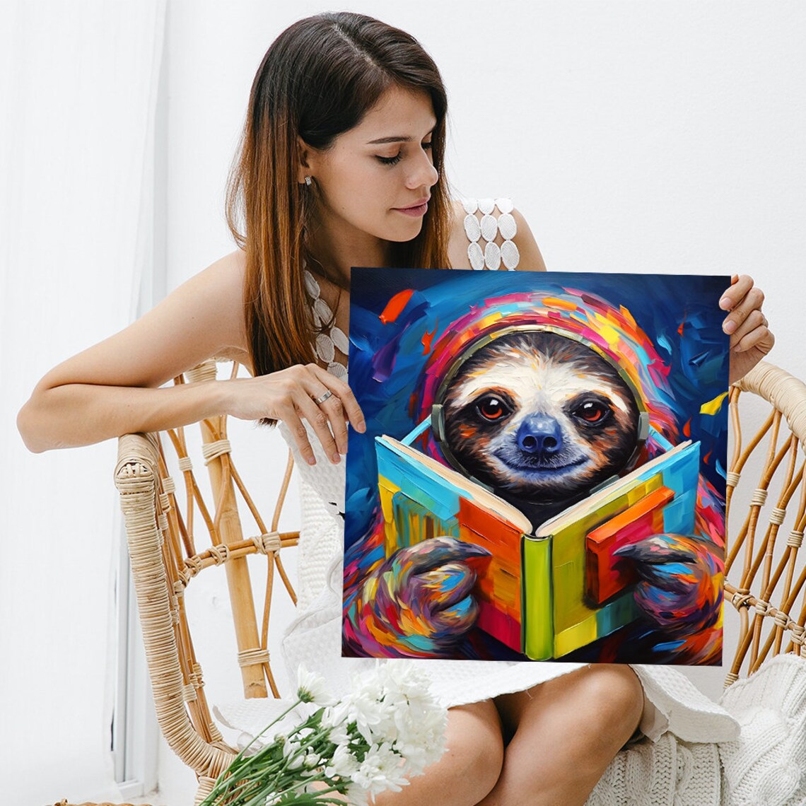 Cosmic Sloth Reading Book Poster Colorful Sloth Scholar Funny Animal Wall Art - Image 3