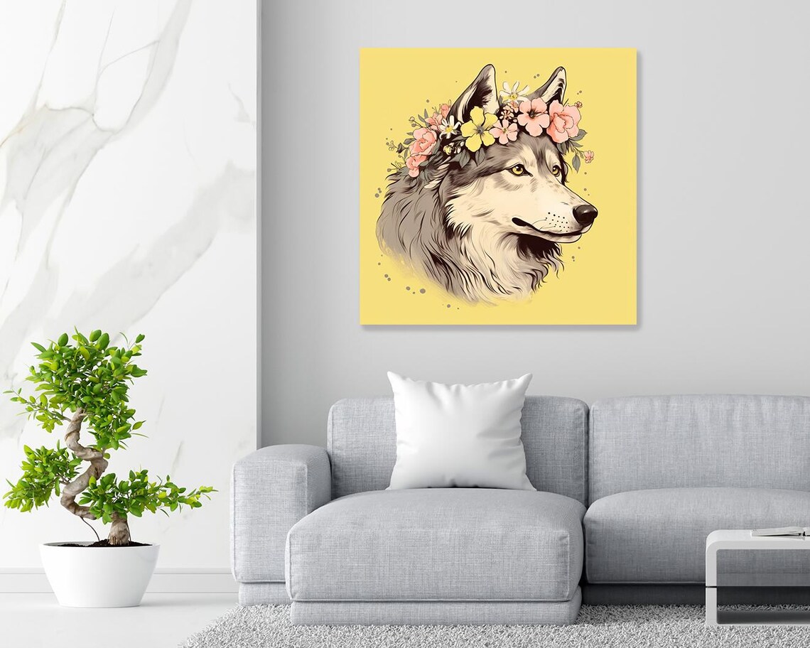 Wolf With Flower Crown Pastel Yellow Whimsical Wildlife Illustration Art Poster - Image 2