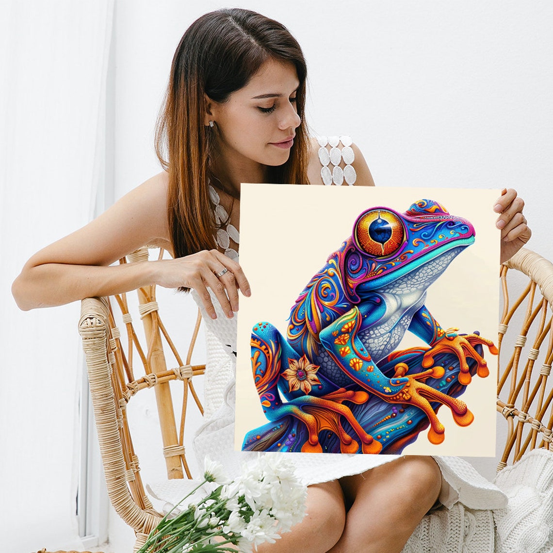 Psychedelic Tree Frog Colorful Blue Orange Boho Style Wall Art - Image 3