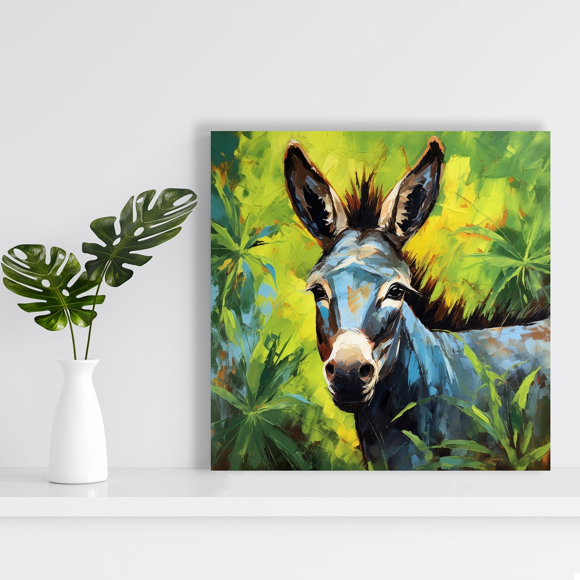 Donkey in Lush Green Jungle Painterly Wildlife Portrait Art Poster - Image 2