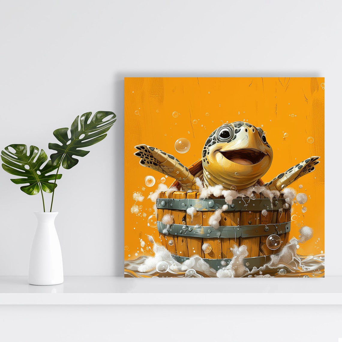 Happy Sea Turtle Bubble Bath Wooden Tub Orange Cheerful Nursery Poster - Image 2