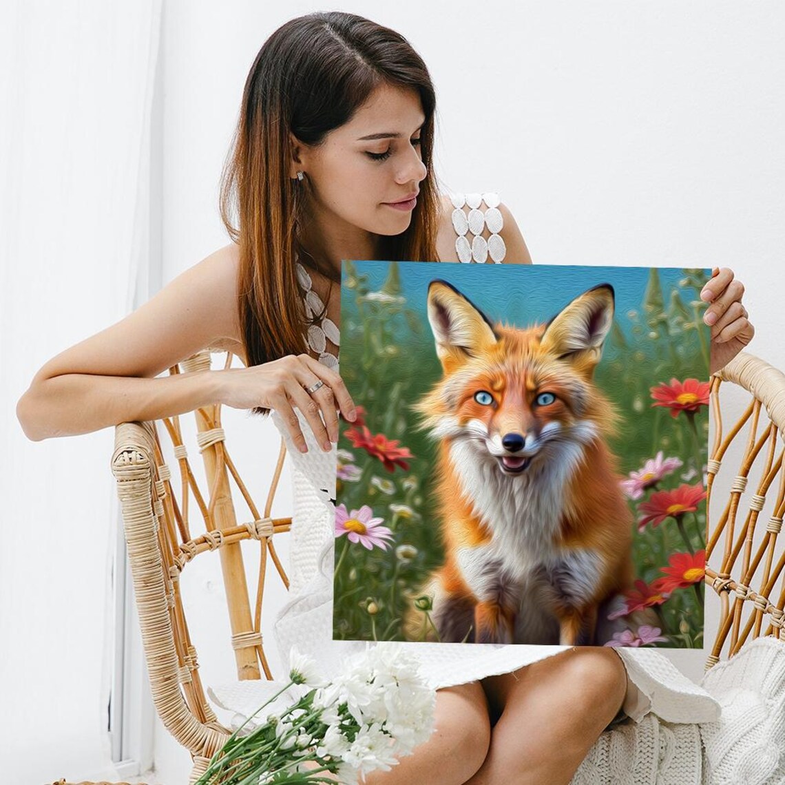 Blue Eyed Red Fox Flower Garden Painterly Spring Meadow Wildlife Poster - Image 3