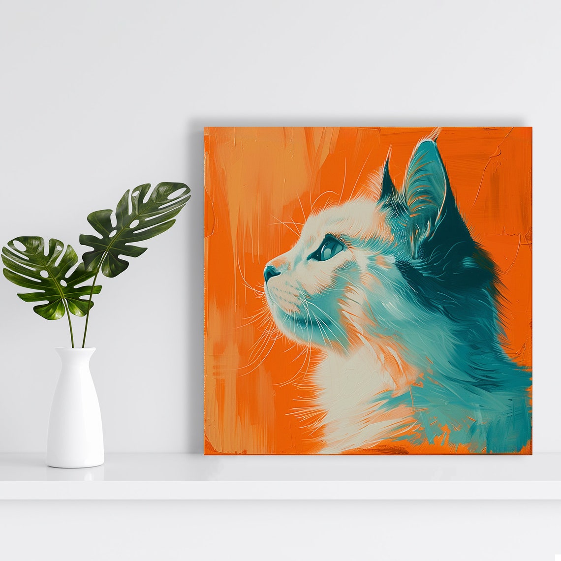 Teal Cat Profile On Bold Orange Pop Art Feline Portrait Poster - Image 2