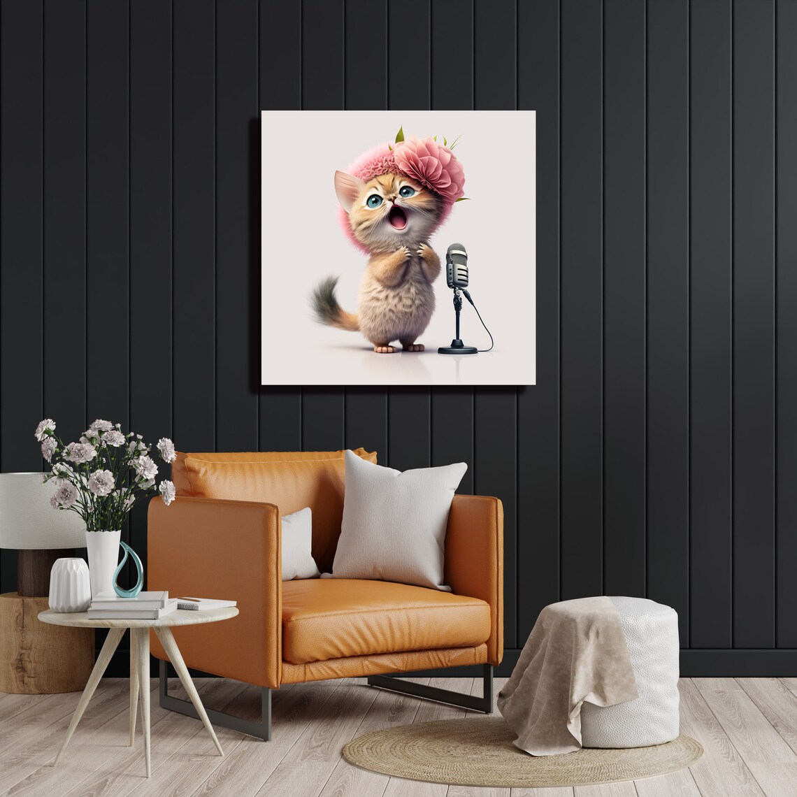 Adorable Singing Kitten Floral Bonnet Vintage Microphone Cute Animal Art Print - Image 2