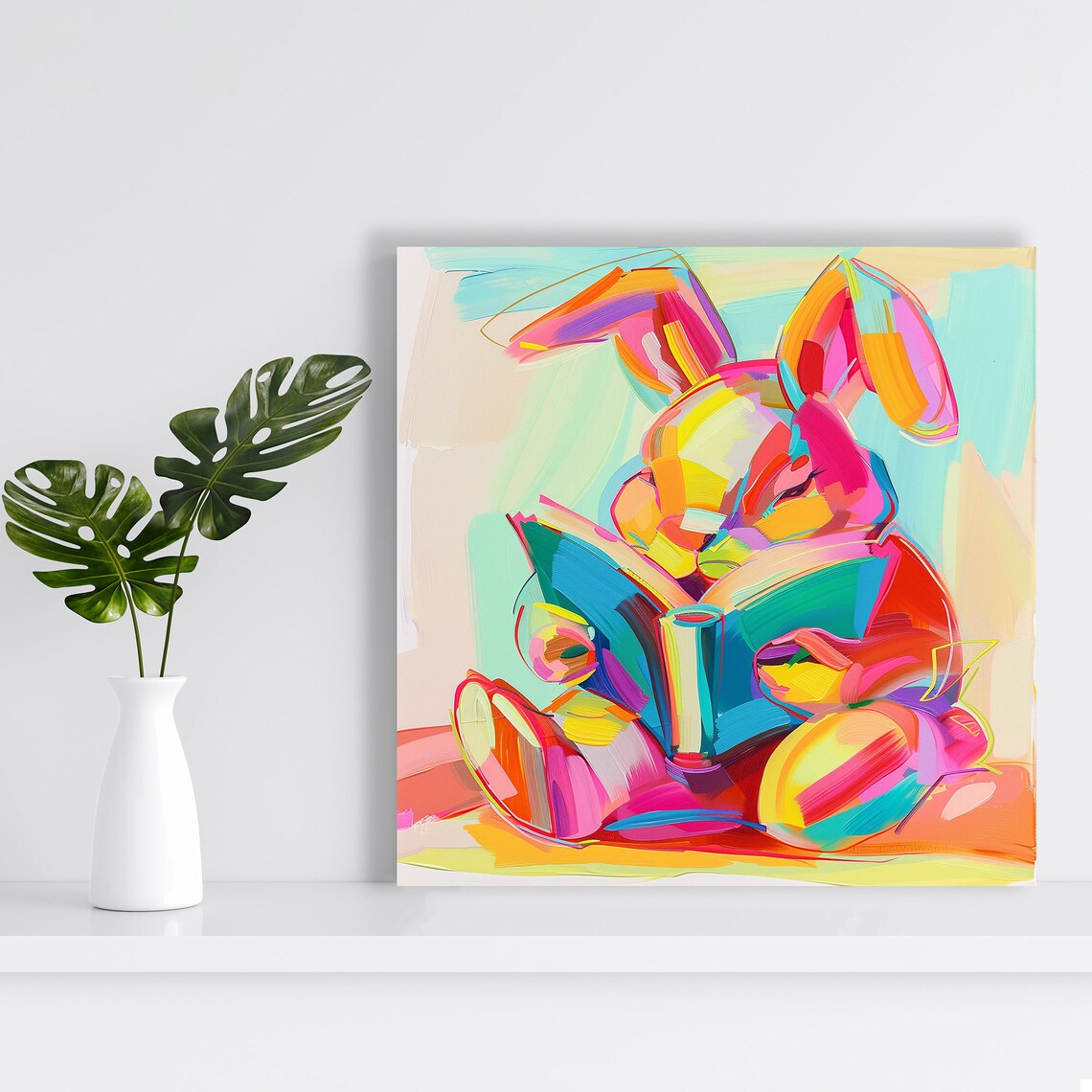 Colorful Abstract Rabbit Reading A Book Bright Brushstrokes Nursery Poster - Image 2