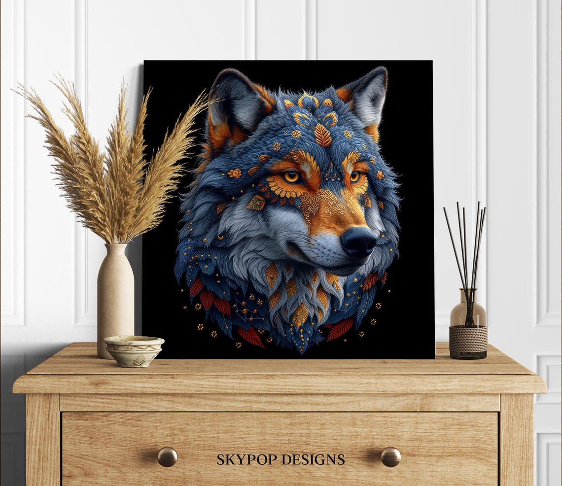 Mystical Wolf Head Golden Ornamental Pattern On Black Wall Art Poster - Image 2