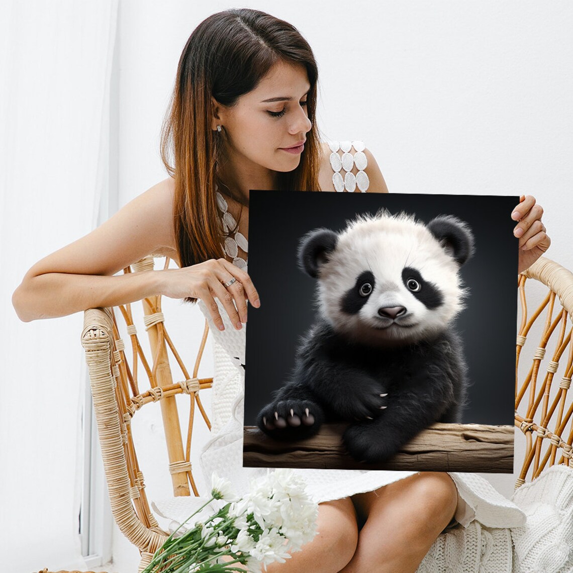 Baby Panda Cub Resting On Log Black Background Fluffy Cute Animal Poster - Image 3
